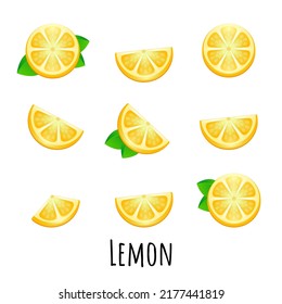 Set of juicy yellow slices of lemon isolated on a white background. Design element for product label, catalog print, web use.