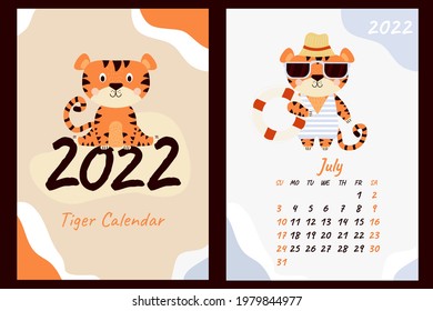 set july 2022 calendar and cover. Cute tiger cub in sunglasses, striped swimsuit, beach hat and lifebuoy. Vector illustration. Vertical A4 template. Week starts on Sunday. Year of Tiger 