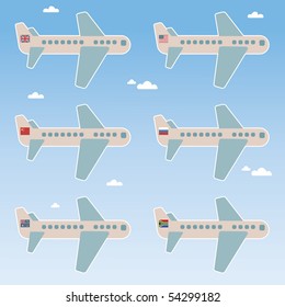 set of jumbo jets with national flags