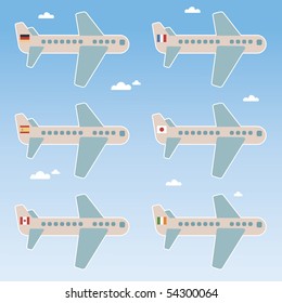 set of jumbo jets with national flags