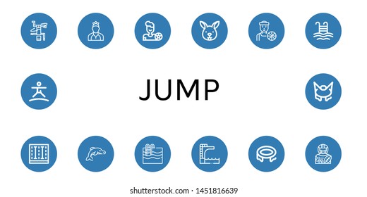 Set of jump icons such as Breakdance, Dancer, Football player, Bunny, Basketball player, Pool, Swimming pool, Dolphin, Trampoline, American football player, Bungee jumping 