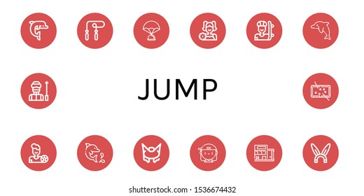 Set of jump icons. Such as Dolphin, Skipping rope, Parachute, Cheerleader, Skater, Football player, Bungee jumping, Swimming pool, Rabbit, Ski, Pool , jump icons