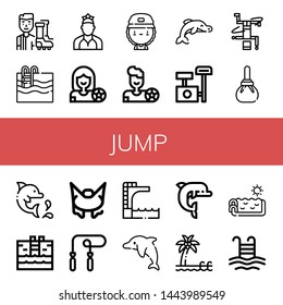 Set of jump icons such as Football player, Swimming pool, Dancer, Skater, Dolphin, Scratching post, Breakdance, Compress, Bungee jumping, Skipping rope, Trampoline, Pool , jump