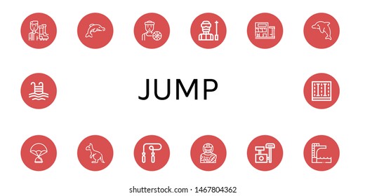 Set of jump icons such as Football player, Dolphin, Basketball player, Ski, Swimming pool, Parachute, Kangaroo, Skipping rope, American football player, Scratching post , jump