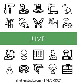 Set of jump icons. Such as Skipping rope, Breakdance, Football player, Dolphin, Pool, Rabbit, Trampoline, Swimming pool, Kangaroo, Basketball player, Skater, Compress , jump icons