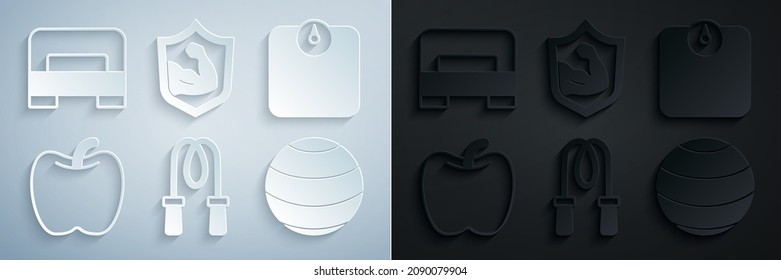 Set Jump rope, Bathroom scales, Apple, Fitness ball, Bodybuilder muscle and Big bed icon. Vector