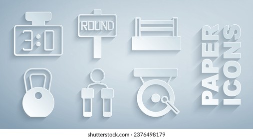 Set Jump-Seil, Boxring, Gewicht, Gong, Board und Sport mechanische Scoreboard-Symbol. Vektorgrafik