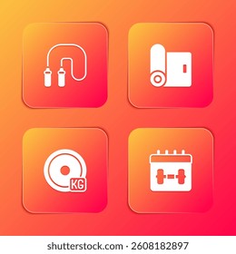 Set Jump rope, Fitness mat roll, Weight plate and Calendar fitness icon. Vector