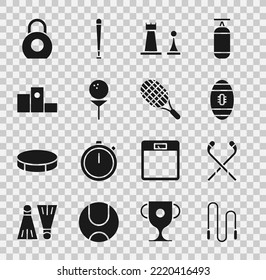 Set Jump rope, Ice hockey sticks, American Football ball, Chess, Golf on tee, Award over sports winner podium, Kettlebell and Tennis racket icon. Vector