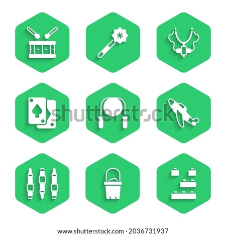 Set Jump rope, Sand in bucket, Toy building block bricks, plane, Marker pen, Playing cards, Slingshot and Drum with drum sticks icon. Vector