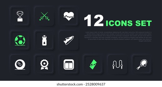 Set Jump rope, Tennis racket with ball, Fitness shaker, Flippers for swimming, Soccer football, Medal star, Fencing and Sport mechanical scoreboard icon. Vector