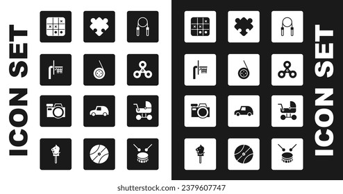 Set Jump rope, Yoyo toy, Basketball backboard, Tic tac toe game, Fidget spinner, Puzzle pieces, Baby stroller and Photo camera icon. Vector