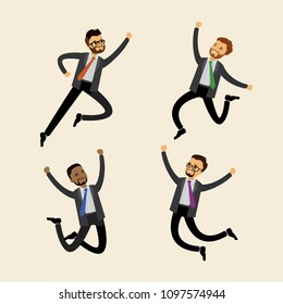 Set of jumping businessmen,caucasian and african american male,flat vector illustration
