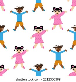 Un conjunto de niños saltando con las manos levantándose sobre un fondo blanco. Una chica con colas y arcos en un vestido rosado y un niño con una camisa azul y pantalones cortos naranjas. Papel de escritorio para la habitación de los niños.