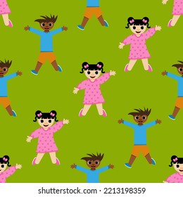 A set of jumping children with their hands raise on a green background. A girl with tails and bows in a pink dress and a boy in a blue shirt and orange shorts. Wallpaper for children room.