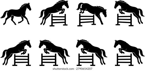 Set of jumping horse silhouettes over fences for equestrian competition graphics and horse riding design elements
