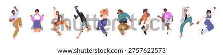 Set of jumping for joy people. Happy men and women leap, hands up. Positive characters celebrate winning, rejoice at success, hop for victory. Flat isolated vector illustrations on white background