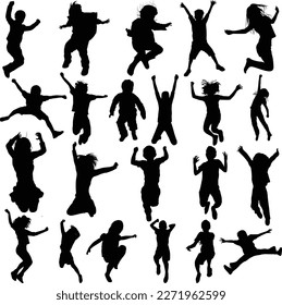 Set of jumping kids with different pose silhouettes