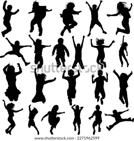 Set of jumping kids with different pose silhouettes