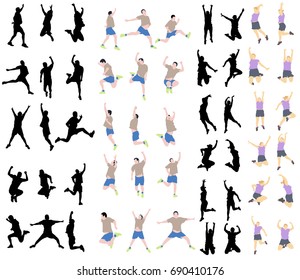 Set of jumping people isolated on white background.