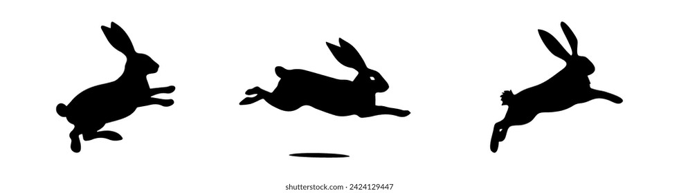 Set of Jumping Rabbit silhouettes. Easter bunnies. Isolated on white backdrop. A simple black icons of hares. Cute animals. Ideal for logo, emblem, pictogram, print, design element for greeting card.