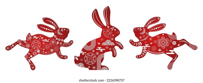 Set of jumping and sitting rabbit. Zodiac animals with traditional Chinese pattern. Happy Chinese New Year. Spring Festival and Easter holiday decoration. Paper cut style. Flat vector illustration.