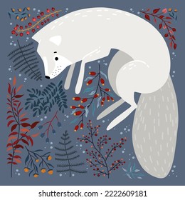 Set: jumping in the snow arctic fox and northern flora. Arctic fox with winter coloration of fur. Arctic animals. Vulpes lagopus, white, polar or snow fox. Vector