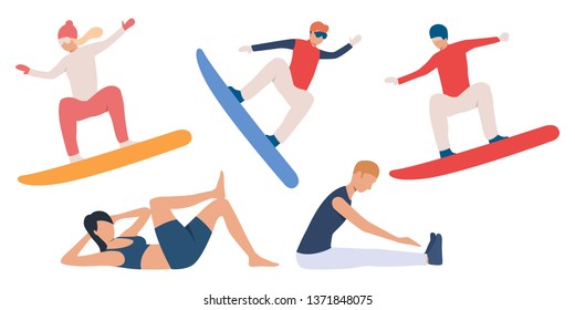 Set of jumping snowboarders. Group of sporty active people snowboarding and doing exercises. Vector illustration can be used for brochure, recreation, activity