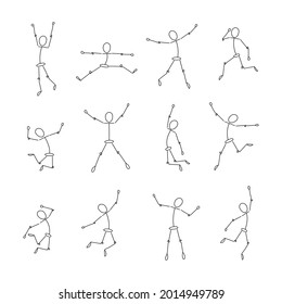 Set of jumping stick men. Simple figures of joy, victory, success, happiness. Abstract people icons. Vector illustration isolated on white background