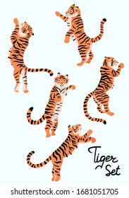 Set of jumping tigers isolated on a white background. Vector graphics.