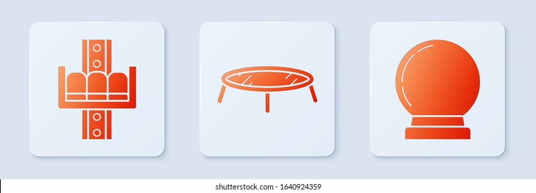 Set Jumping trampoline, Attraction carousel and Magic ball. White square button. Vector