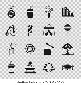 Set Jumping Trampolin, Circus Zelt, Lollipop, Feuerwerk Rakete, Vintage Fahrrad, Einrad ein Rad und Symbol. Vektorgrafik