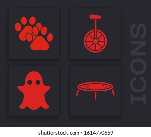 Set Jumping trampoline, Paw print, Unicycle or one wheel bicycle and Ghost icon. Vector