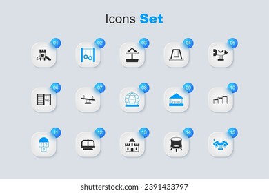 Juego de trampolín de saltos, sierras, anillos de gimnasia, hepatoescotch, carro de alas, barra horizontal de deportes, zona de juegos deslizante y icono del equipo de escalada de recreo. Vector