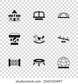 Set Jumping trampoline, Seesaw, Playground climbing equipment, Horse saddle swing, Monkey bar, Sand castle, Attraction carousel and  icon. Vector