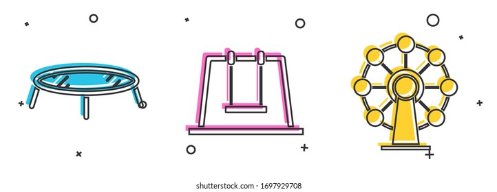 Set Jumping trampoline, Swing and Ferris wheel icon. Vector