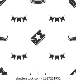 Set Jumping trampoline, Ticket and Carnival garland with flags on seamless pattern. Vector