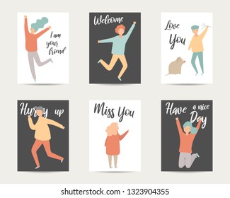 Set of jumpint, dancing, running, playing with dog people. Men and women in flat style