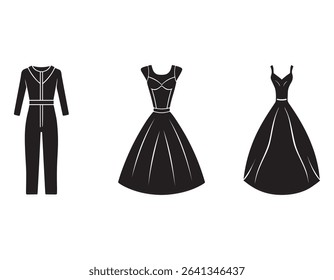set of jumpsuit sketch lehenga slip dress icon silhouette vector illustration
