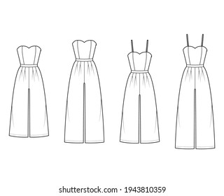 Set of jumpsuits culotte overall technical fashion illustration with full ankle length, normal waist, double pleats, strap, strapless. Flat front, white color style. Women, men unisex CAD mockup