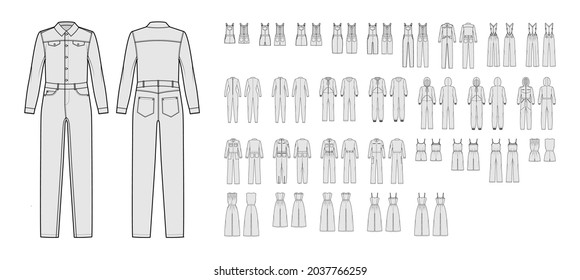 Set of jumpsuits overall technical fashion illustration with mini midi knee ankle length, long sleeves, straps, strapless, hoody. Flat front, back, grey color style. Women, men, unisex CAD mockup
