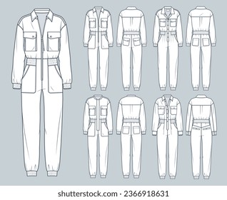 Set of Jumpsuits technical fashion Illustration. Overall, Bodysuit fashion flat technical drawing template, pocket, zip up, button, long sleeve, front, back view, white, women, men, unisex CAD mockup.