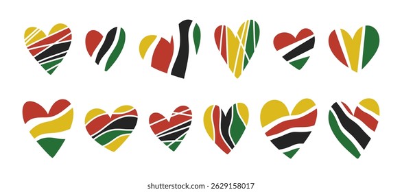 Conjunto de Formas abstractas de corazón Juneteenth con líneas fluidas y onduladas en colores panafricanos (rojo, negro, verde, amarillo). Elementos modernos y de Diseño gráfico para el amor, la unidad y la cultura. Día de la Libertad.