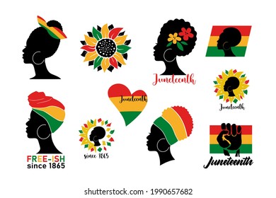 Set of Juneteenth banners with silhouette  afro woman, colorful flag, heart, sunflowers isolated on white background. Vector flat illustration. Design for backdrop, poster, greeting card, flyer