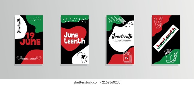 Set of Juneteenth Social media stories and post templates. Abstract shapes in red, green, black colors. Juneteenth symbols.