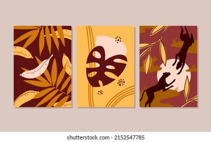 Set of jungle african poster. Tropical fauna and vegetation, wild leaves and plants, exotic leopard animals, tribal traditional ornament, decorative africa symbols vector illustration