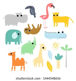 Set of jungle animals and birds with fanny faces. Kids cute graphic. Vector hand drawn illustration.