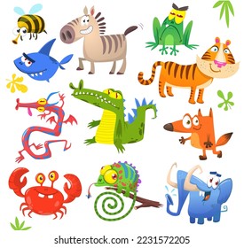 Set of jungle animals. Cartoon bee zebra frog shark dragon crocodile fox tiger crab chameleon and elephant . Vector illustration