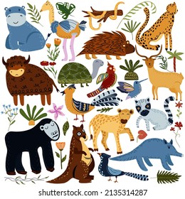 Set of jungle animals and exotic tropical leaves. African animals, parrots, leopard, bison, turtle, hyena, ostrich, hippopotamus and palm trees. Safari cute Animals. Vector illustration.