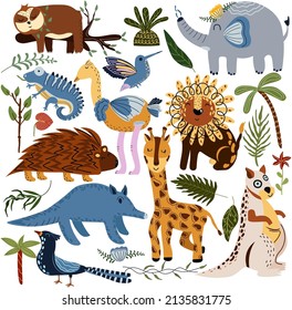 Set of jungle animals and exotic tropical leaves. African animals, parrots, hummingbirds, giraffes, sloths, elephants, kangaroos, ostriches and palm trees. Cute Animals safari. Vector illustration.